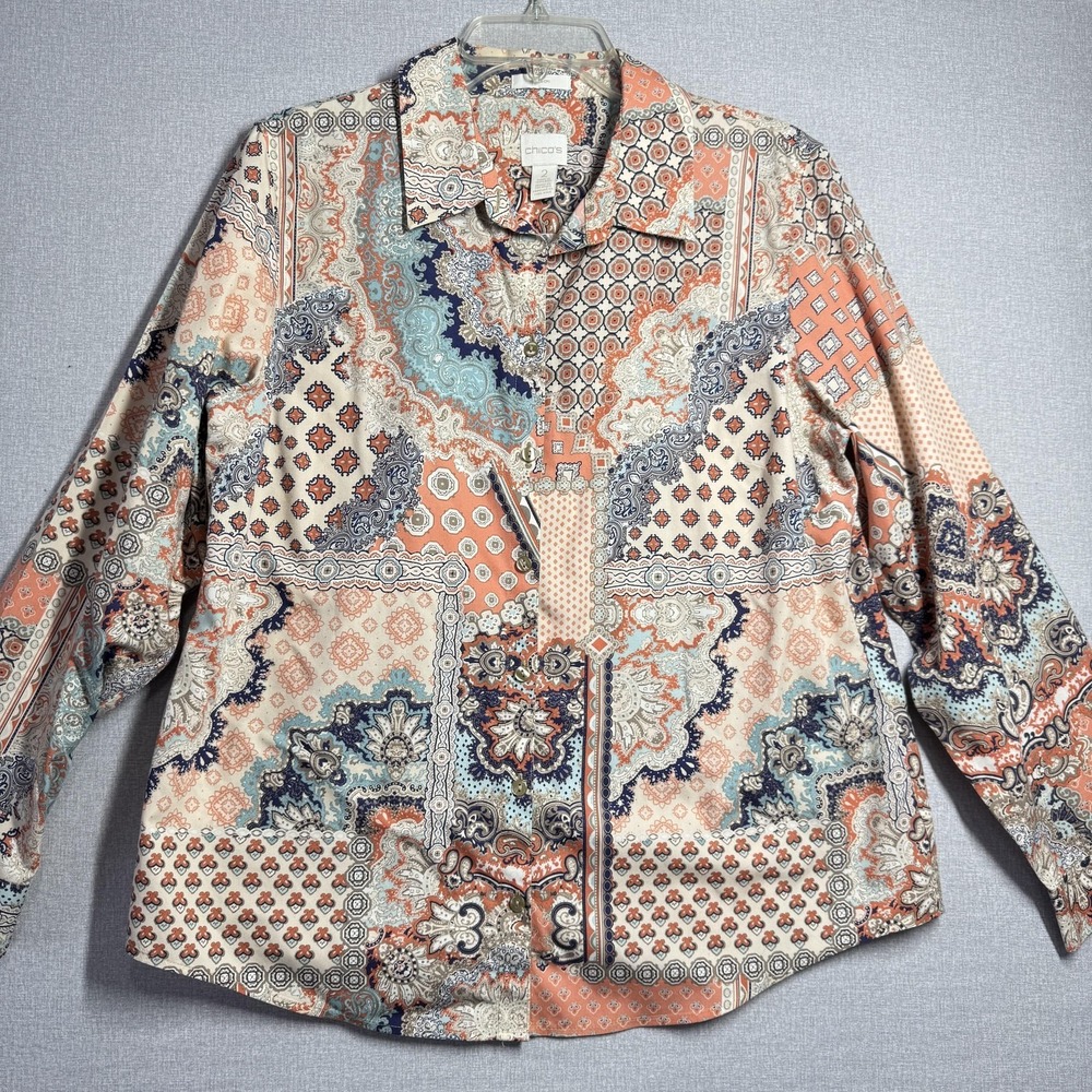 Chico's Shirt Womens 2 Multicolor Paisley No Iron Cotton Long Sleeve Top